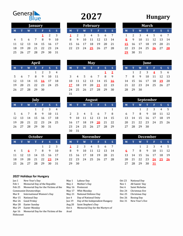 2027 Hungary Holiday Calendar