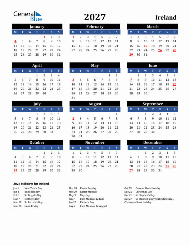 2027 Ireland Holiday Calendar