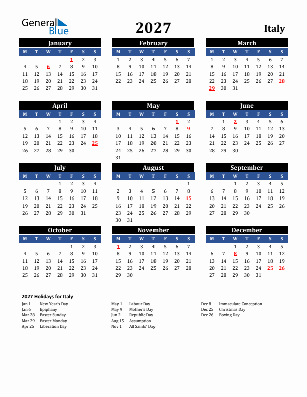 2027 Italy Holiday Calendar