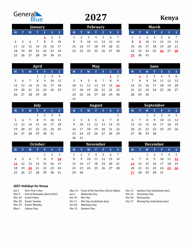 2027 Kenya Holiday Calendar