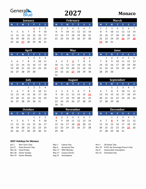 2027 Monaco Holiday Calendar