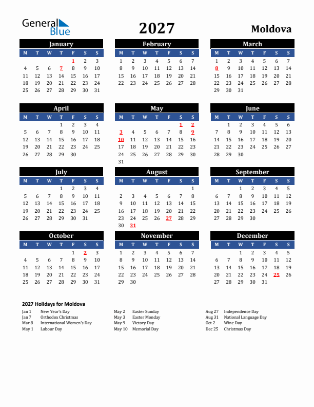 2027 Moldova Holiday Calendar