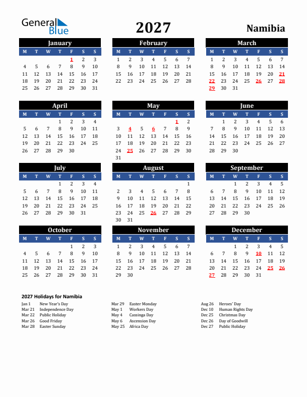 2027 Namibia Holiday Calendar