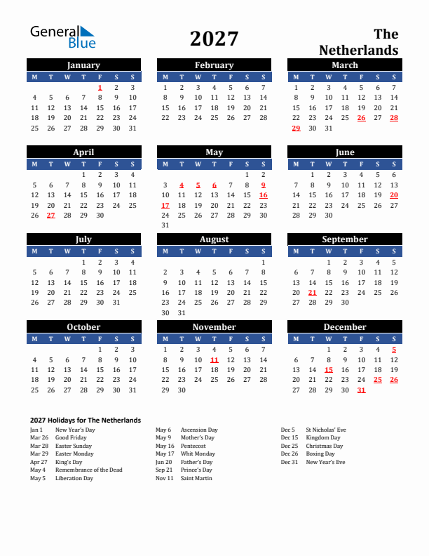 2027 The Netherlands Holiday Calendar