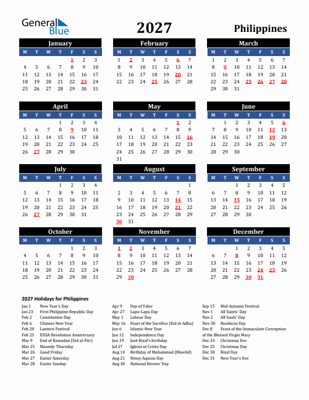 2027 Philippines Holiday Calendar