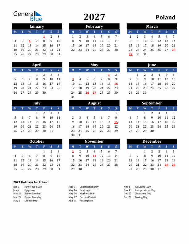 2027 Poland Holiday Calendar