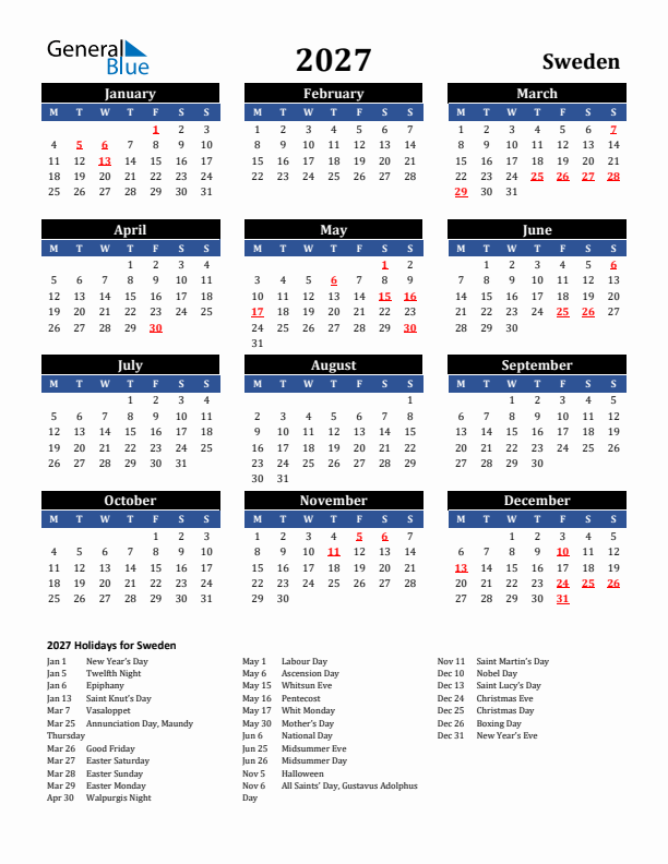 2027 Sweden Holiday Calendar