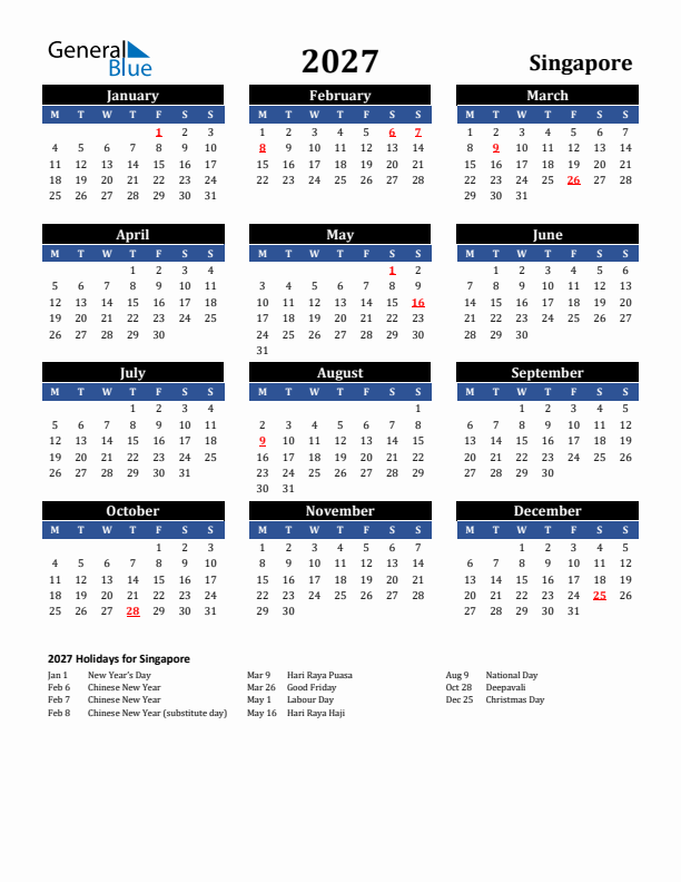 2027 Singapore Holiday Calendar