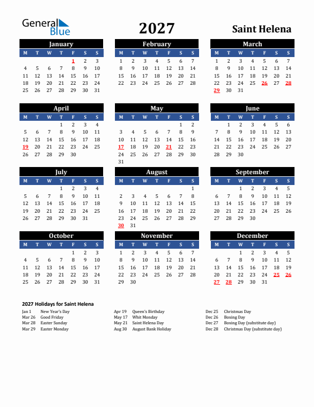 2027 Saint Helena Holiday Calendar