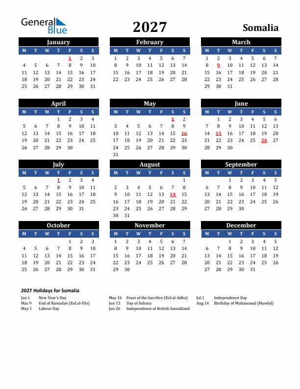 2027 Somalia Holiday Calendar