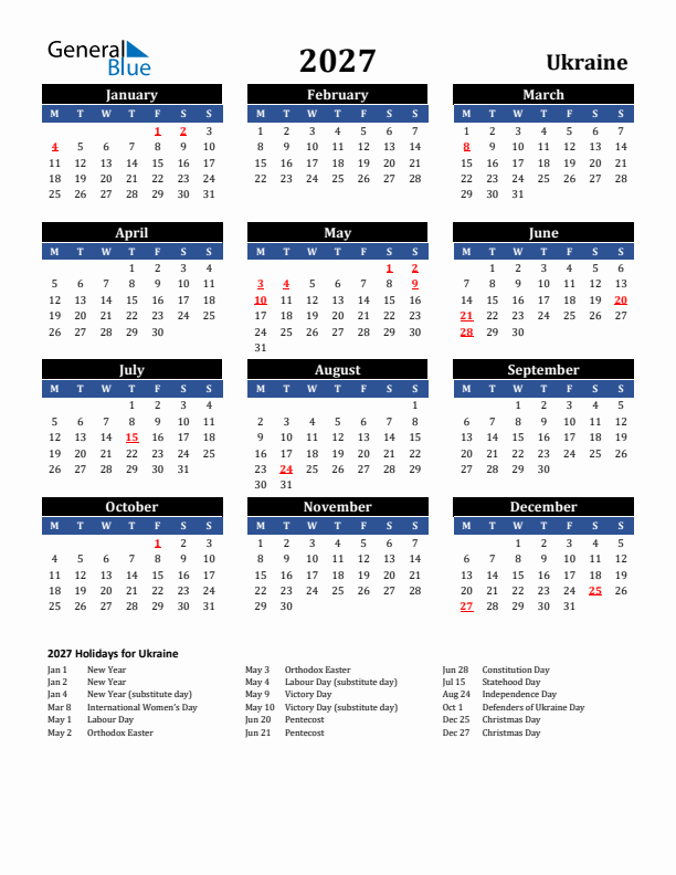 2027 Ukraine Holiday Calendar