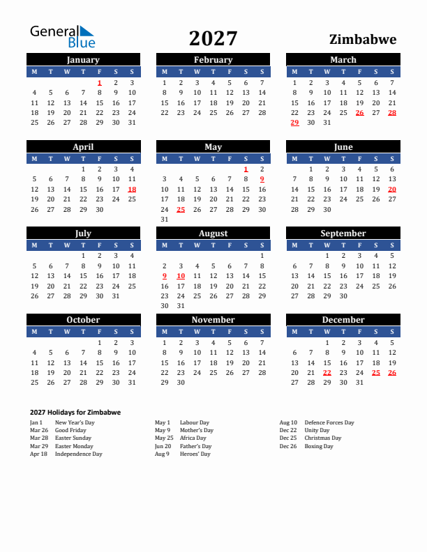 2027 Zimbabwe Holiday Calendar