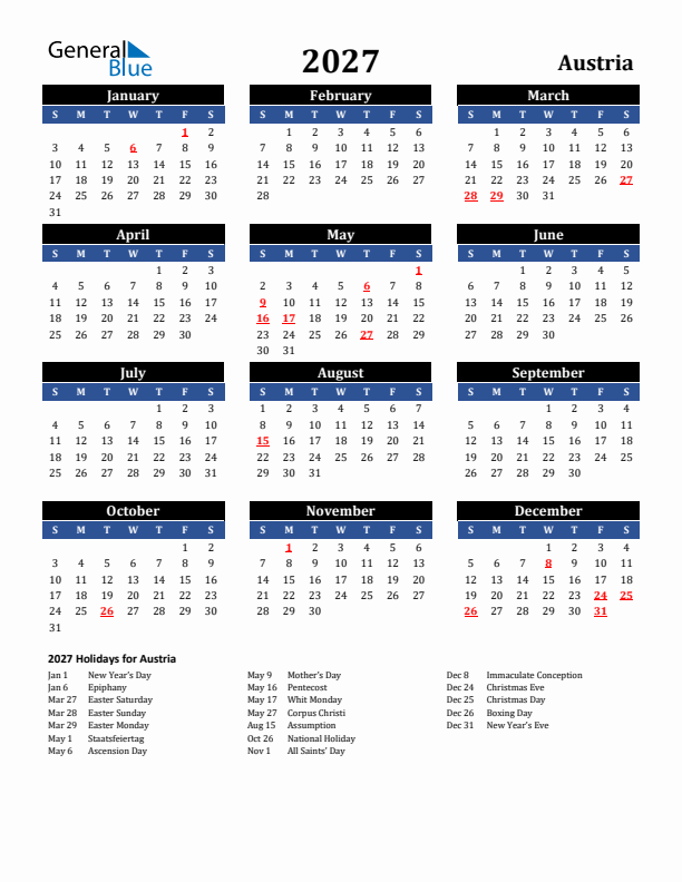 2027 Austria Holiday Calendar