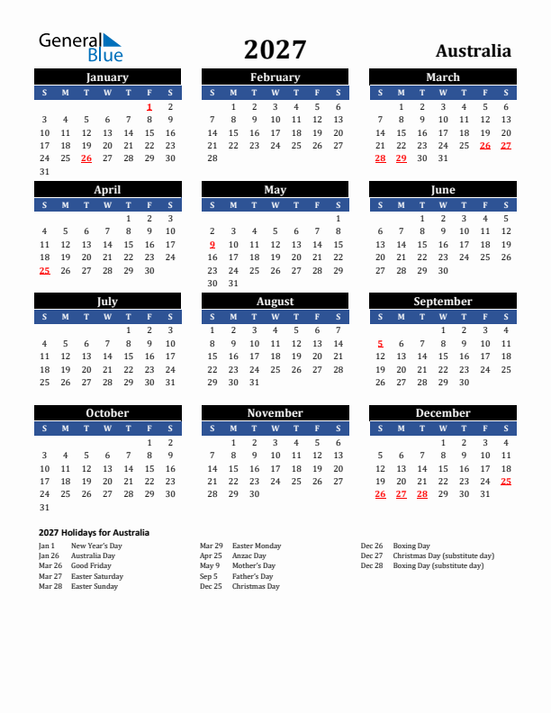 2027 Australia Holiday Calendar