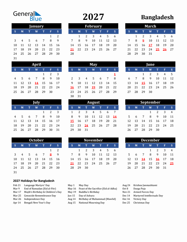 2027 Bangladesh Holiday Calendar