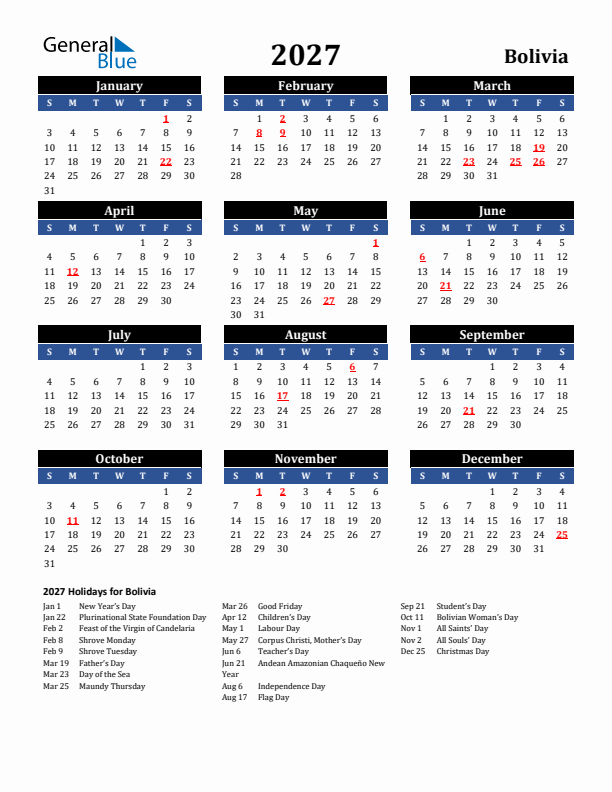 2027 Bolivia Holiday Calendar