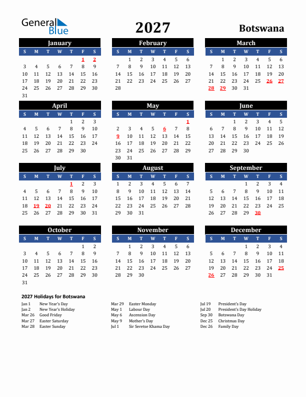 2027 Botswana Holiday Calendar