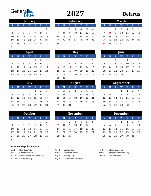 2027 Belarus Holiday Calendar