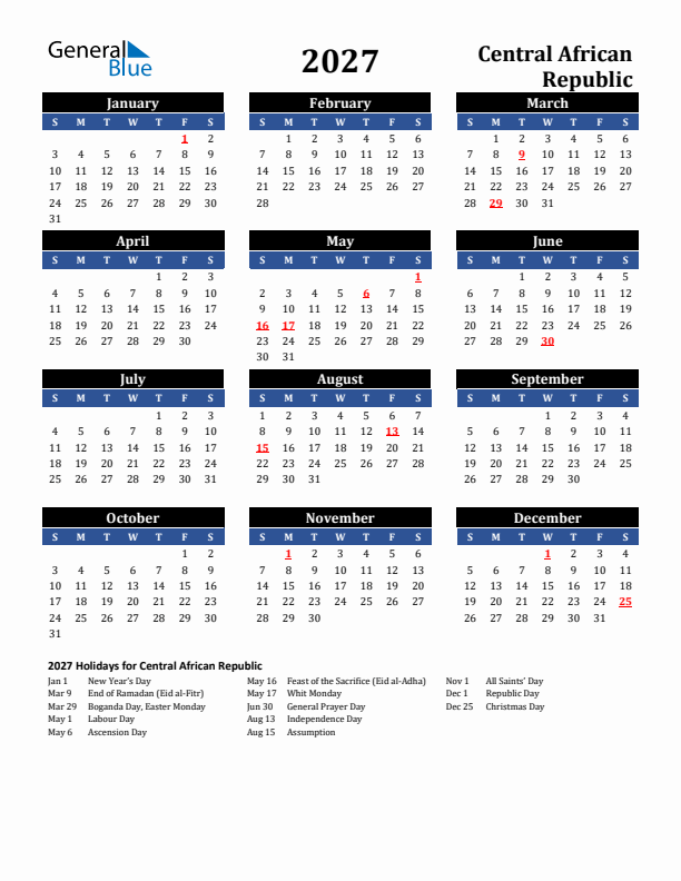 2027 Central African Republic Holiday Calendar