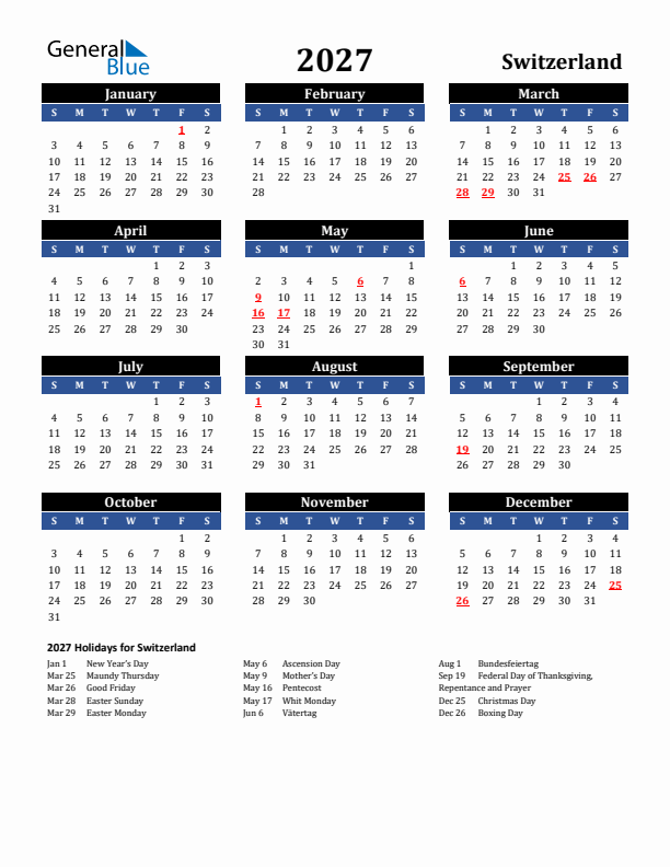 2027 Switzerland Holiday Calendar