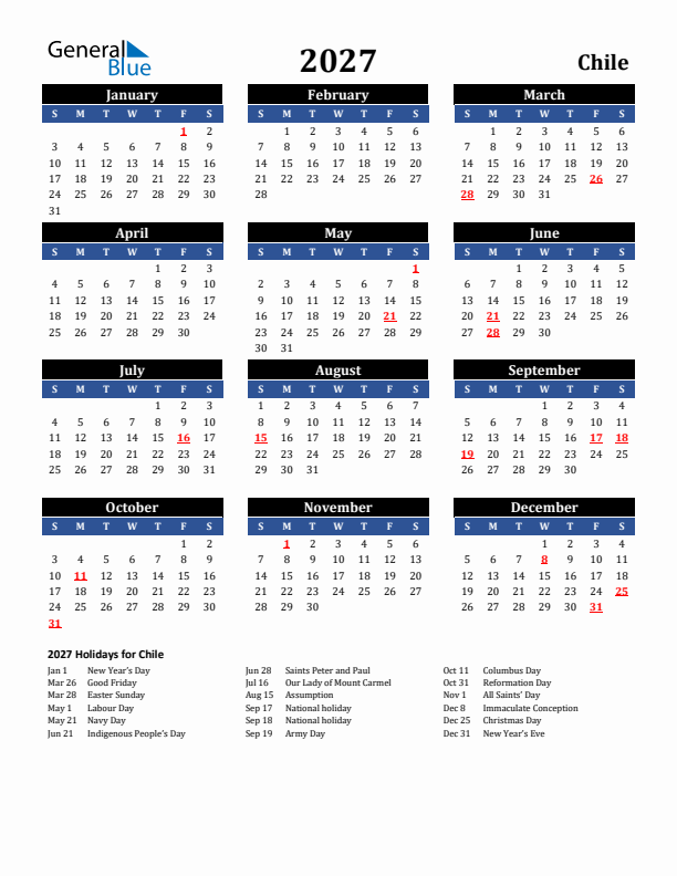 2027 Chile Holiday Calendar