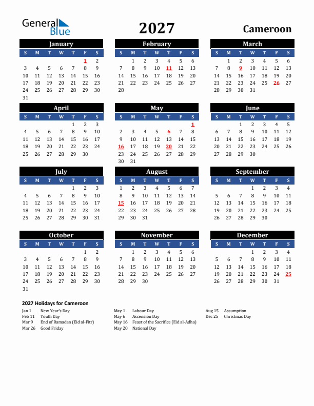 2027 Cameroon Holiday Calendar