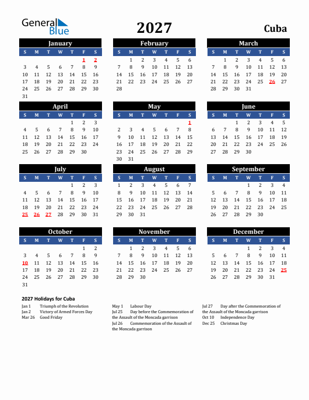 2027 Cuba Holiday Calendar