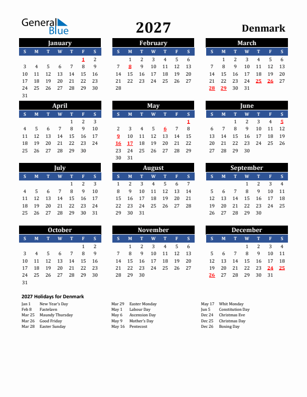 2027 Denmark Holiday Calendar