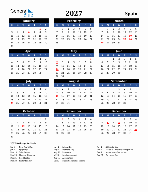 2027 Spain Holiday Calendar