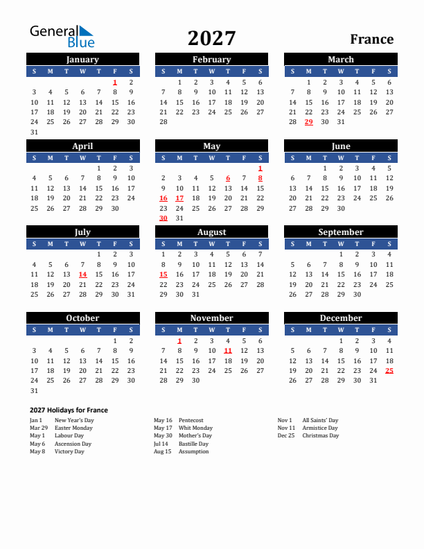 2027 France Holiday Calendar