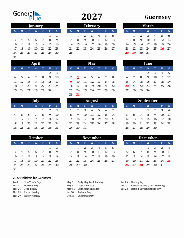 2027 Guernsey Holiday Calendar