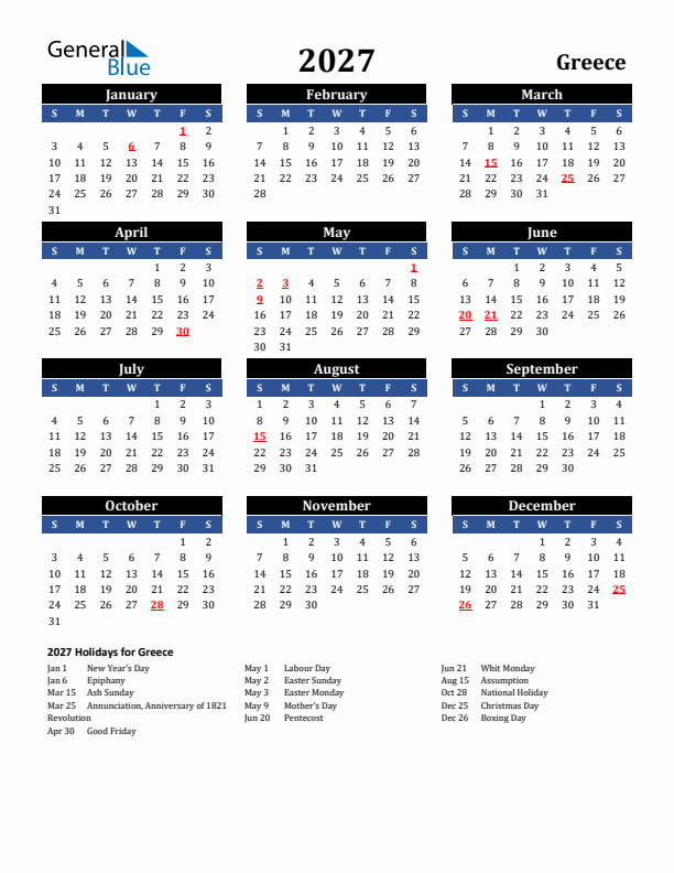 2027 Greece Holiday Calendar