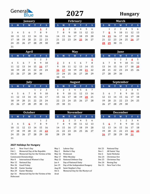 2027 Hungary Holiday Calendar