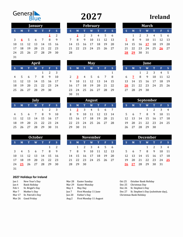 2027 Ireland Holiday Calendar