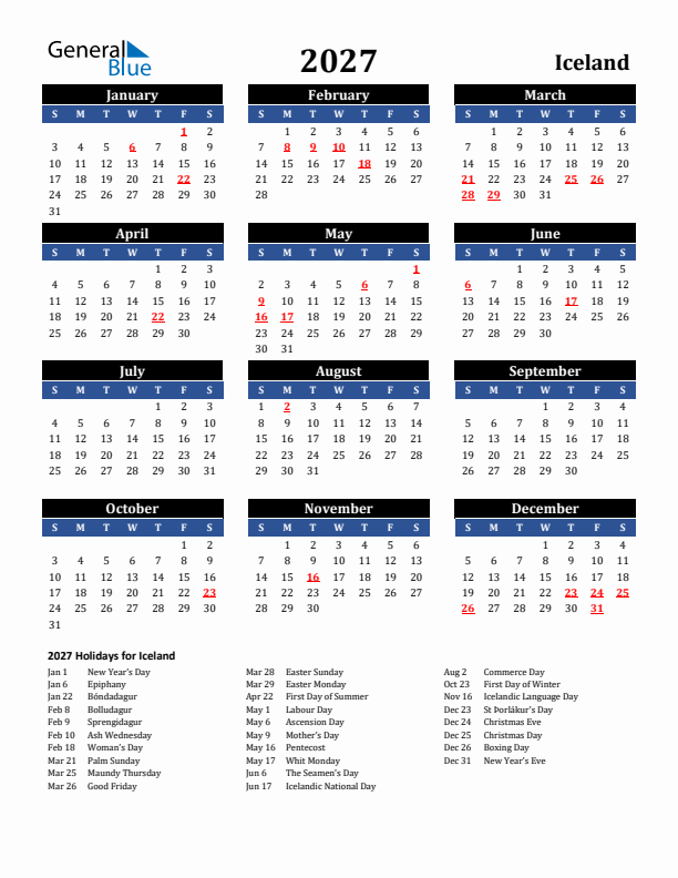 2027 Iceland Holiday Calendar