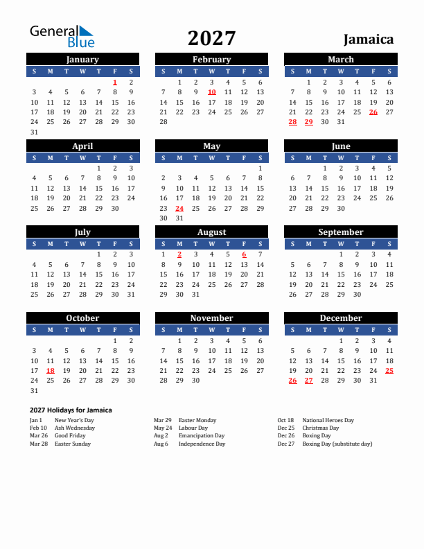 2027 Jamaica Holiday Calendar