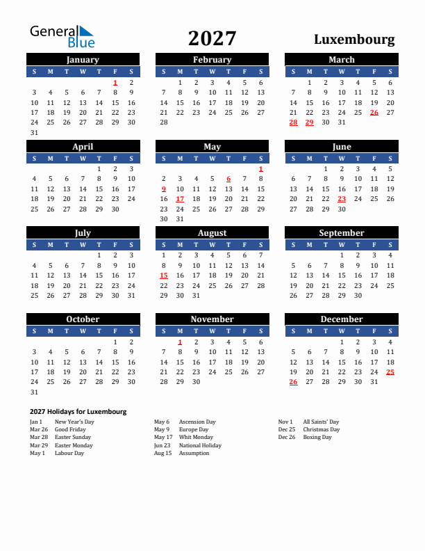 2027 Luxembourg Holiday Calendar