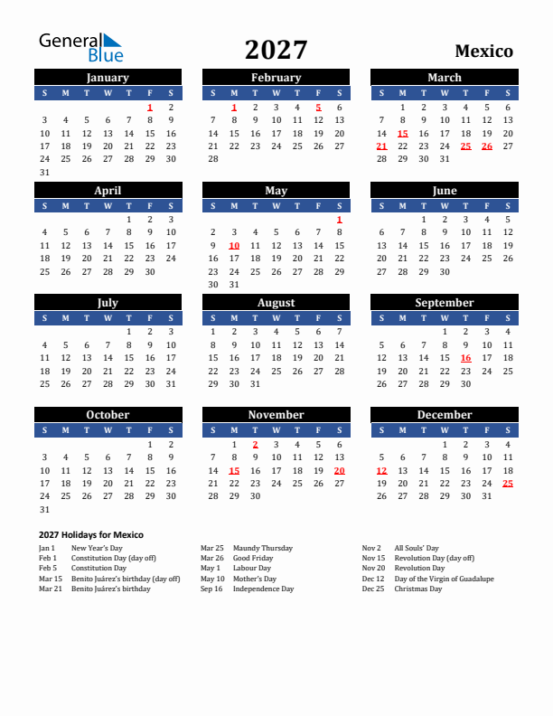 2027 Mexico Holiday Calendar