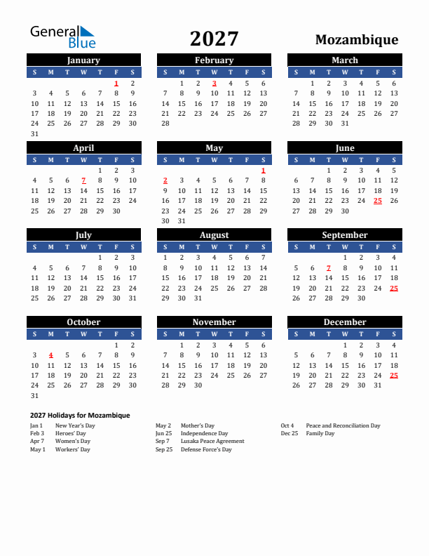 2027 Mozambique Holiday Calendar