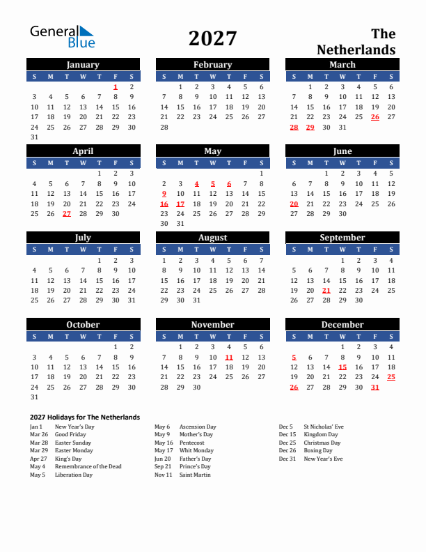 2027 The Netherlands Holiday Calendar