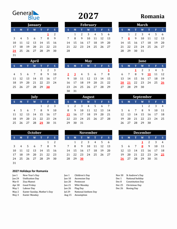 2027 Romania Holiday Calendar