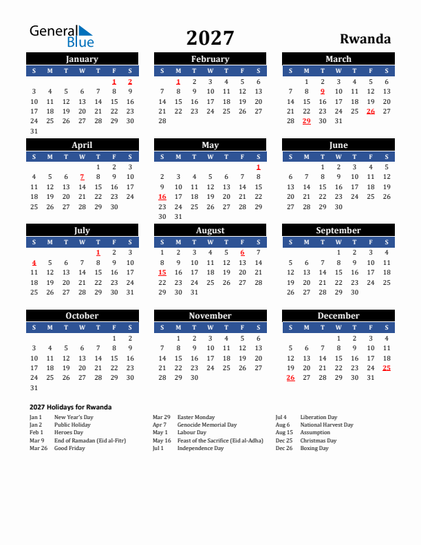 2027 Rwanda Holiday Calendar