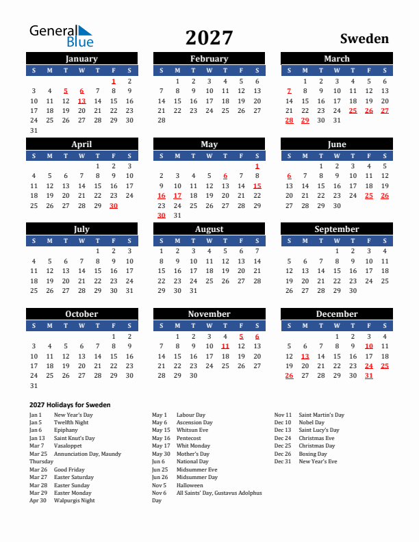 2027 Sweden Holiday Calendar