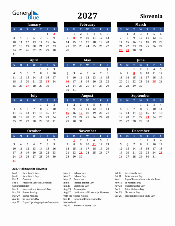 2027 Slovenia Holiday Calendar