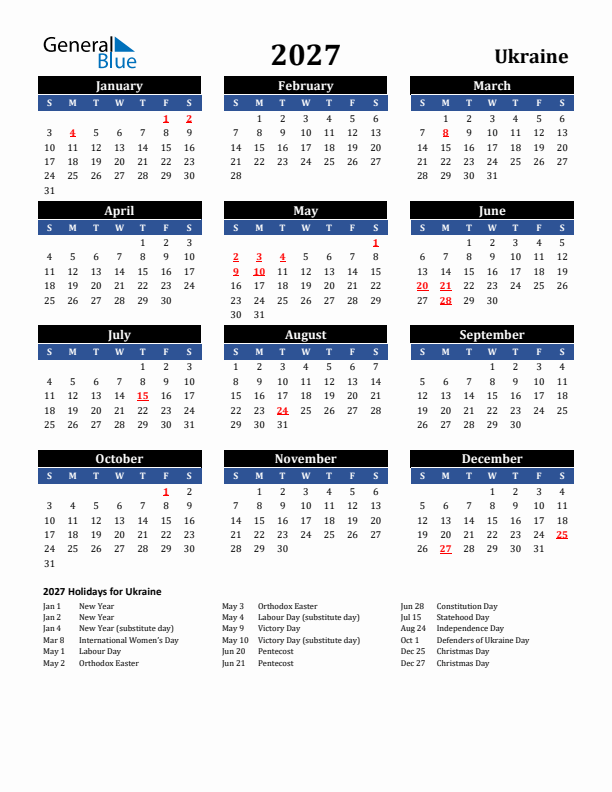 2027 Ukraine Holiday Calendar