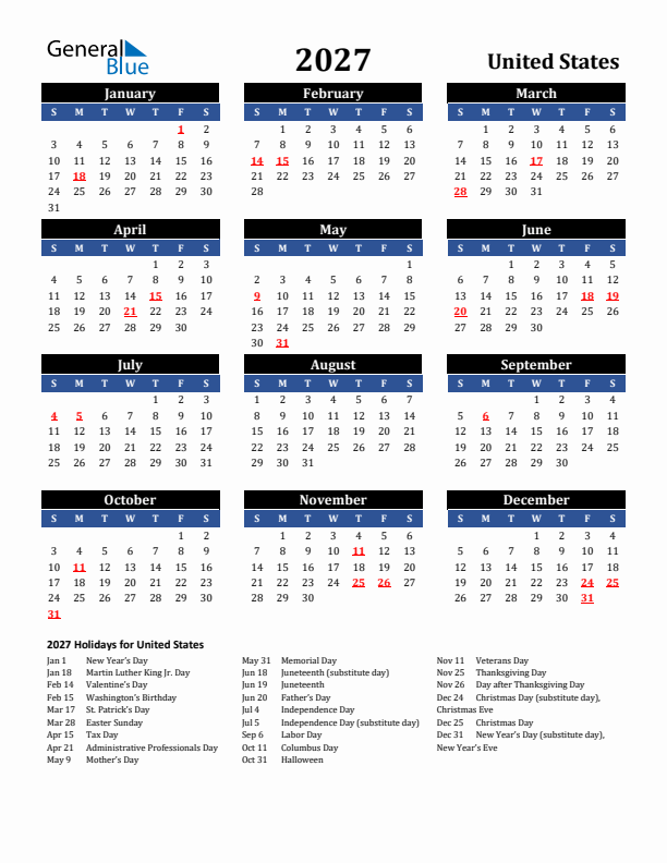 2027 United States Holiday Calendar