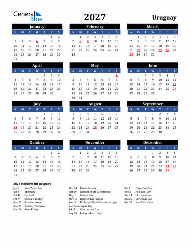 2027 Uruguay Holiday Calendar