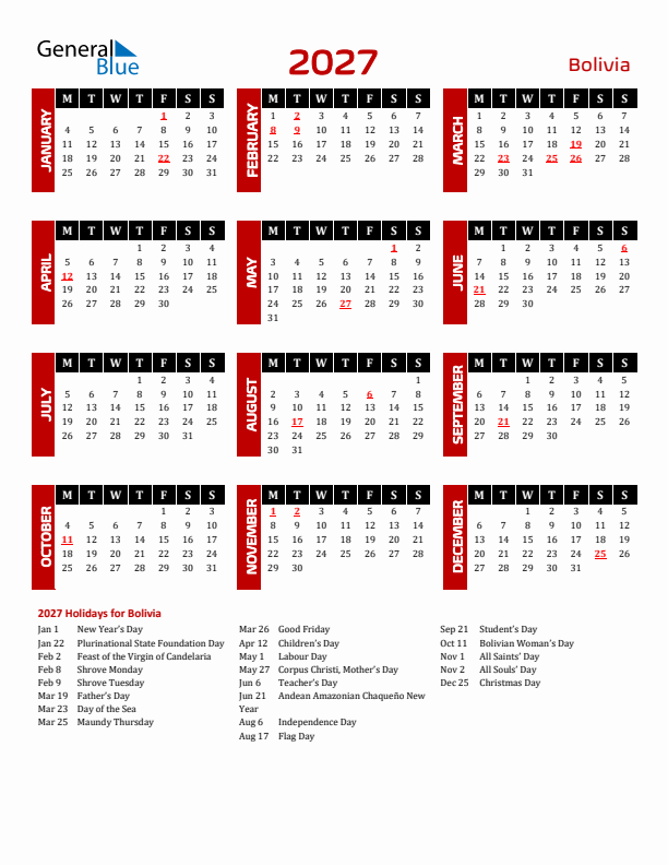 Download Bolivia 2027 Calendar - Monday Start