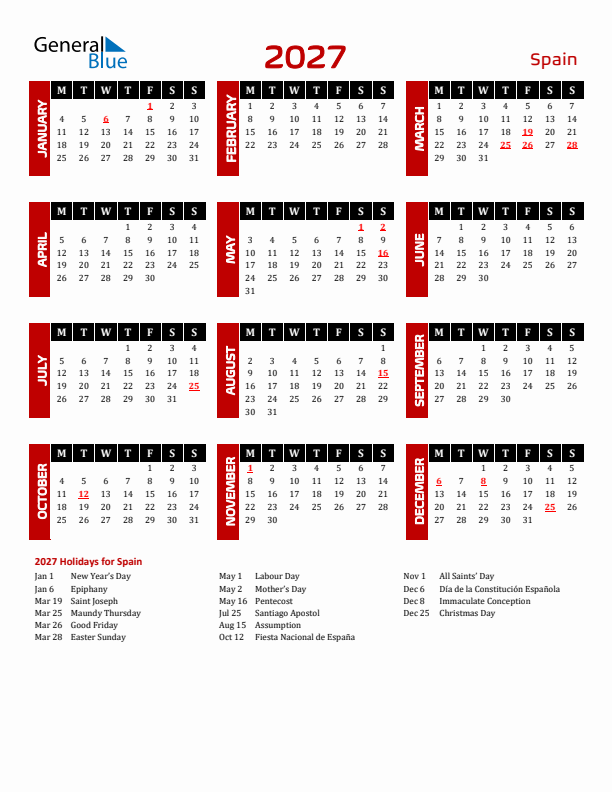 Download Spain 2027 Calendar - Monday Start