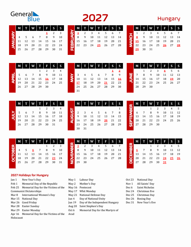 Download Hungary 2027 Calendar - Monday Start